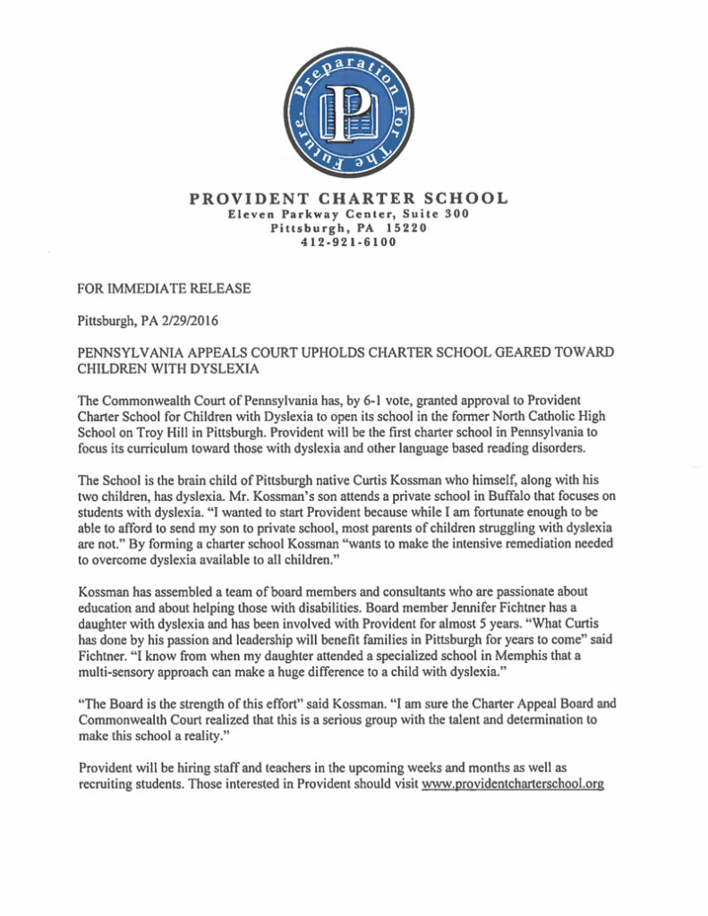 Provident Charter School press release - commonwealth court upholds appeal