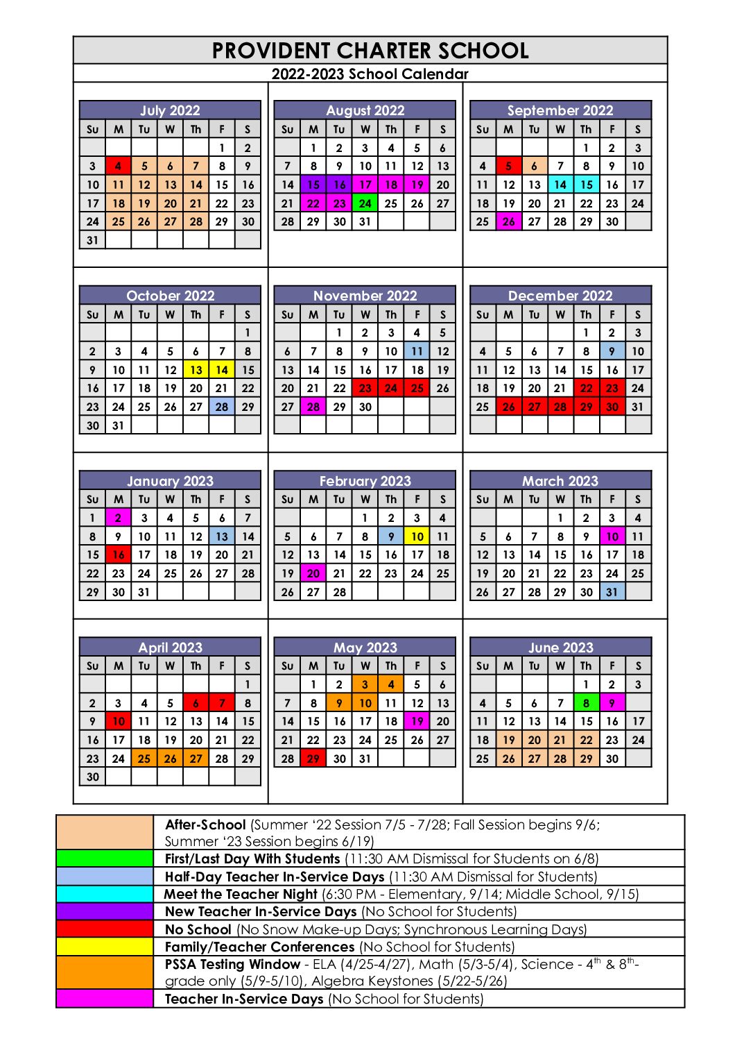 22-23 PCS School Calendar_Approved - Provident Charter School - Designed  for Children With Dyslexia