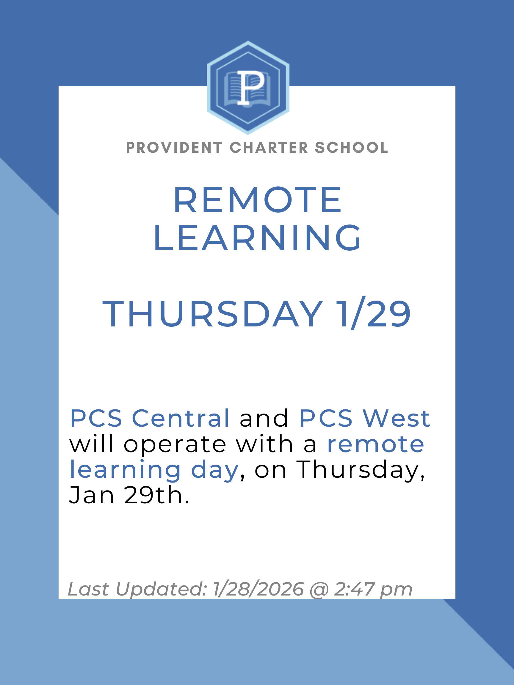 Remote Learning Day on Thursday 1/29